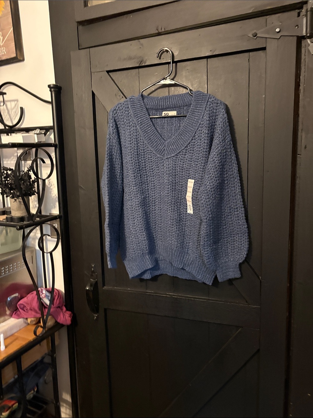 SO Blue V-Neck Chunky Knit Crewneck Sweater